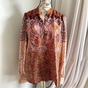 Vanessa Bruno Silk Mix Boho Paisley Long-Sleeve Blouse in Rust and Blush